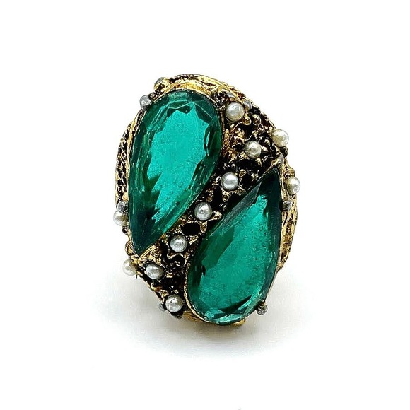 None and/or Unknown Jewelry - Gold Tone Green Stone Adjustable Cocktail Ring